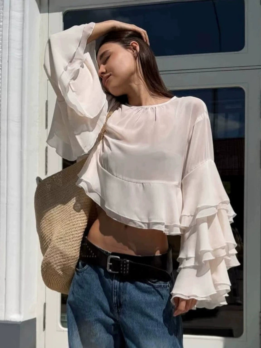 Forever 21 Ruffle Apricot Chiffon Fall Pullover Loose Bell Sleeve Top